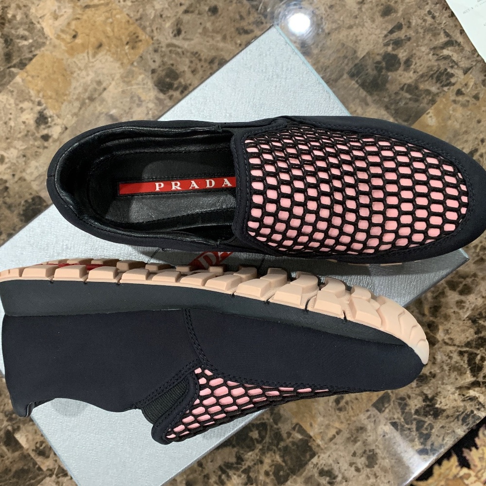 PRADA Women's Black/Pink Neoprene Honeycomb Sneake - Picture 8 of 11